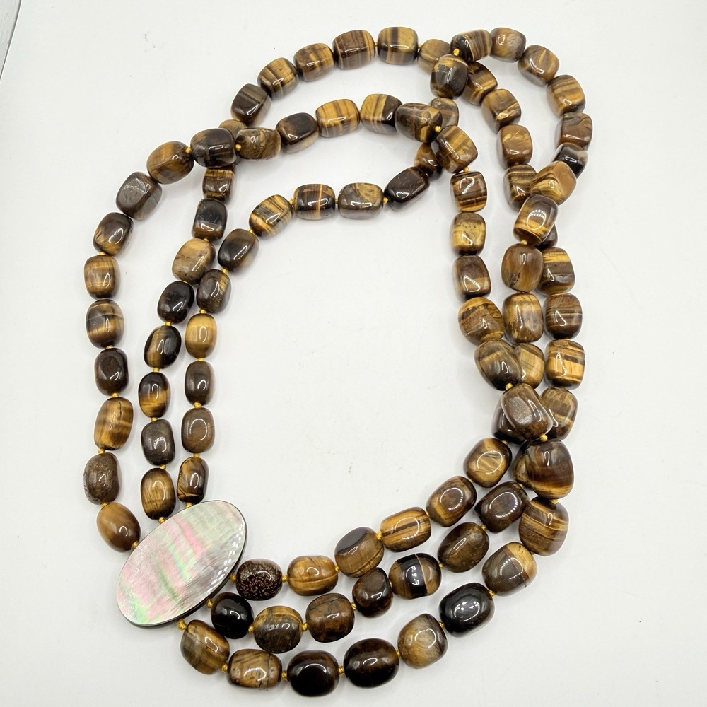 Tiger's Eye Triple Strand Knotted Beaded Choker Necklace & Magnetic MOP Clasp - Picture 2 of 9